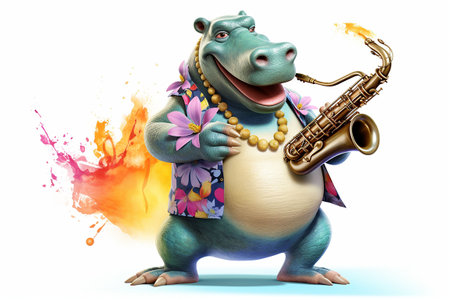 Hippo playing the saxophone - 3D rendered Illustration. Generative AIの素材