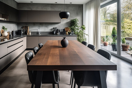 Interior of modern kitchen with wooden table and black chairs. Nobody inside. Generative AIの素材