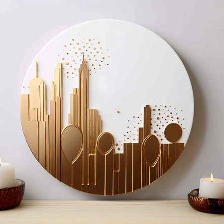 White round frame with golden cityscape. 3d render.Decor for interior decoration. Generative AIの素材