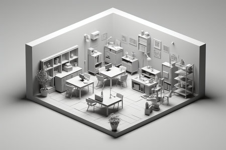 3d illustration of a modern office interior in gray and white colors. Generative AIの素材