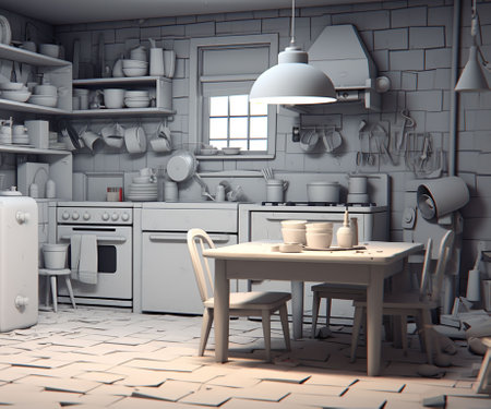3D rendering of a kitchen in an old house with white walls. Generative AIの素材