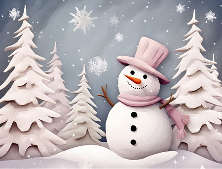 Snowman in the winter forest. christmas card. Illustration with paper cut style. Generative AIの素材