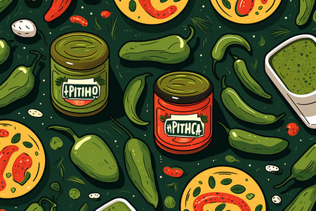 Pattern with pickled vegetables and canned food. flat illustration. wallpaper. Generative AIの素材