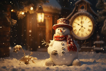 Snowman in hat, scarf and mittens standing in front of the clock. Generative AIの素材