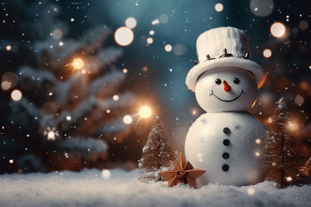 Snowman with Christmas tree and snowflakes. Christmas background. Generative AIの素材