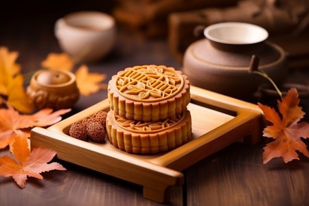 Moon cakes for Mid-Autumn Festival on wooden tray and autumn leaves. Generative AIの素材