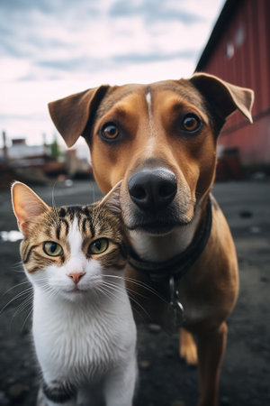 Portrait of a cat and dog on the street near the cottage. Pet love. Generative AIの素材