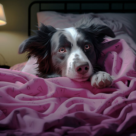 Funny portrait of cute smiling puppy dog border collie lying on bed at home. Pet care and animals concept. Generative AIの素材