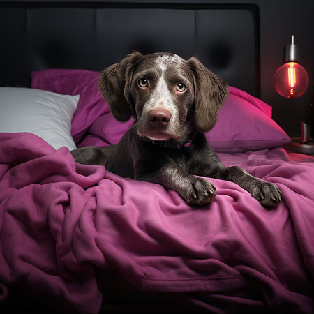 Cute dog lying on the bed in the bedroom at night. Generative AIの素材