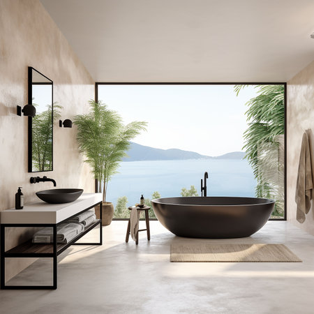Interior of modern bathroom with white walls, concrete floor, comfortable bathtub and panoramic window. 3d rendering. Generative AIの素材