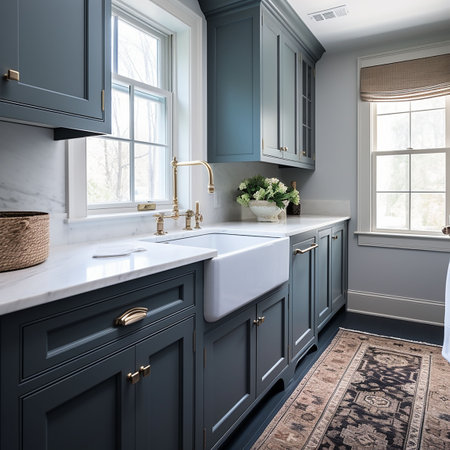 Luxury kitchen in classic style with blue walls and white floor. 3d rendering. Generative AIの素材