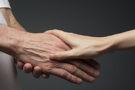 Handshake of an elderly woman and a young man on a gray background. Generative AIの素材