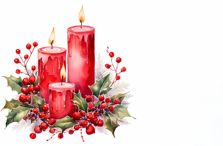 Christmas candles with holly, mistletoe and berries on white background. Generative AIの素材