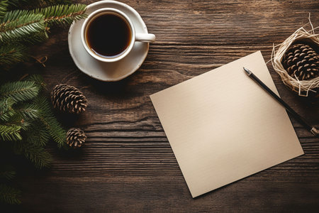 Cup of coffee with blank paper sheet and pine cones on wooden table. Mock up. Generative AIの素材