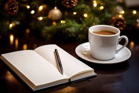 Cup of coffee and notebook with pen on the background of Christmas tree. Generative AIの素材