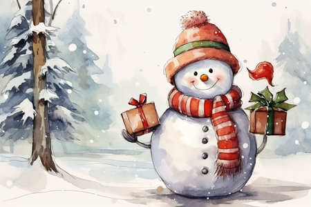 Watercolor illustration of a snowman with a gift in his hand. Retro style. Vintage. Generative AIの素材