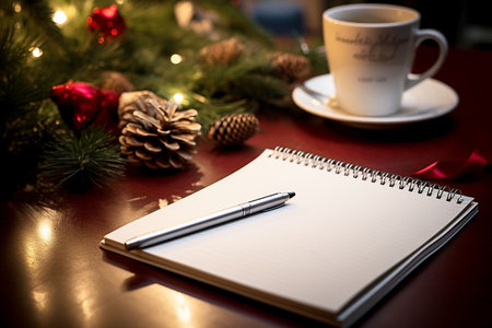 Cup of coffee, notepad and christmas decorations on wooden table. Generative AIの素材