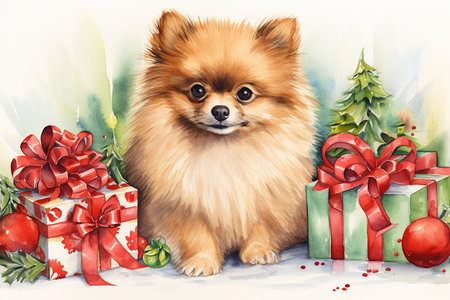 Pomeranian dog with Christmas gifts. Christmas greeting card. Generative AIの素材