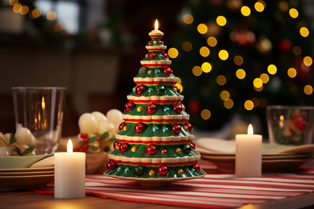Beautiful Christmas table setting with Christmas tree and candles on blurred background. Generative AIの素材