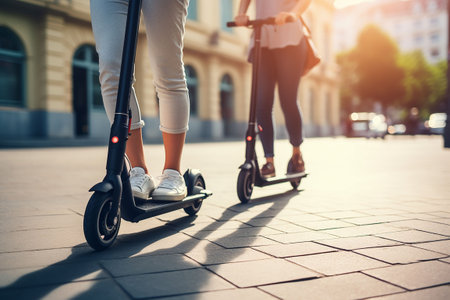 Close-up of young woman riding kick scooter on the street. Generative AIの素材