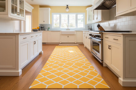 Kitchen with yellow tiled floor and white cabinets. Northwest, USA. Generative AIの素材