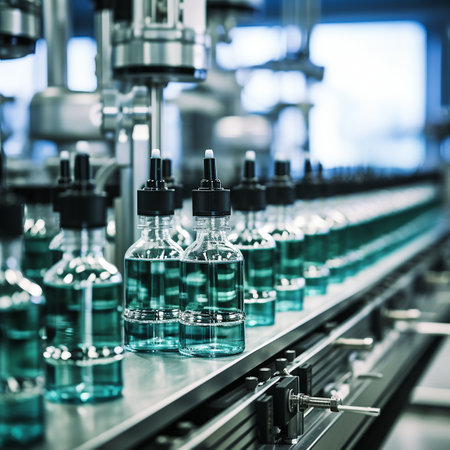 Bottling line of liquid antibacterial soap in bottles on the conveyor belt. Industrial background. Generative AIの素材