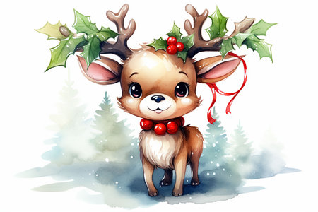 Illustration of a cute reindeer in a Christmas wreath. Generative AIの素材