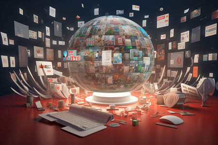 3d render of a globe surrounded by computer and paper sheets. Generative AIの素材