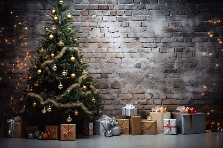 Christmas tree with gifts in front of a white brick wall. Christmas background. Generative AIの素材