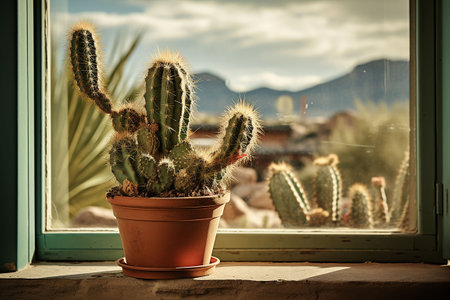 Window with cactus in pot on color wall. Home interior design. Generative AIの素材