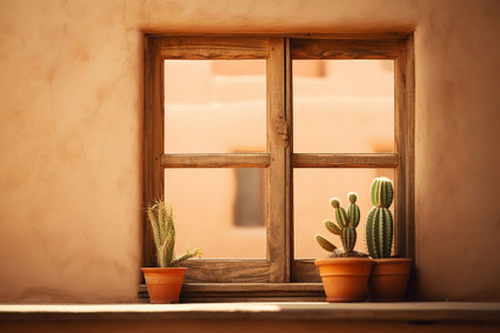 Cactus in a pot on the windowsill with mountains in the background. Generative AIの素材