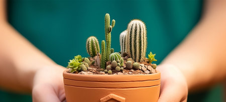 Cactus in a pot in the hands of a gardener. Generative AIの素材