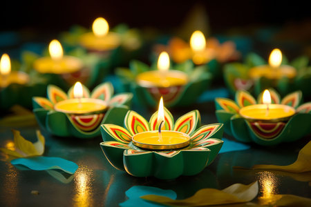 Close up of diwali diya lamps lit at night. Generative AIの素材