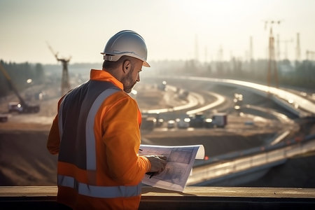 Engineer in helmet and reflective vest working on building site at sunset. Generative AIの素材