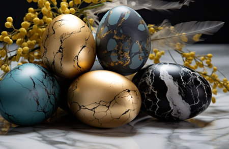 Easter eggs and mimosa flowersle background, closeup. Generative AIの素材
