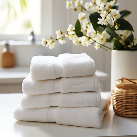 Stack of white towels on the table in the bathroom, closeup. Generative AIの素材