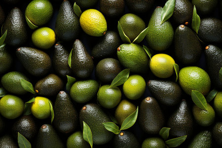 Avocado background. Top view of ripe avocados with green leaves and lime fruit. Generative AIの素材