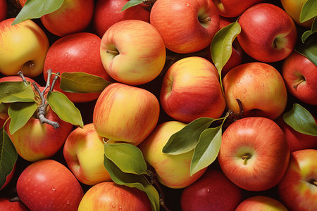 background of red apples with green leaves close-up, top view. Generative AIの素材