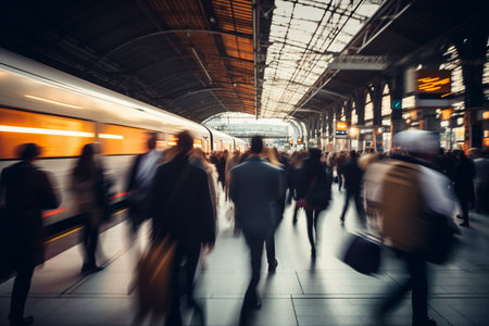 Commuters in a train station in motion blur. Intentional motion blur. Generative AIの素材
