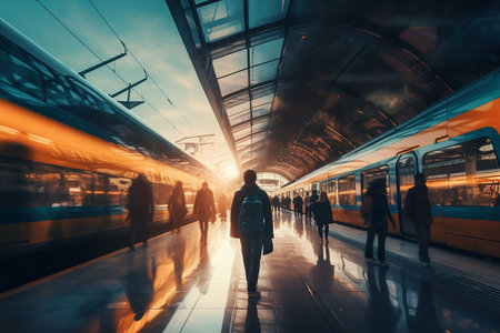 passengers in the railway station at sunset. Generative AIの素材