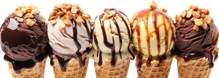 Ice cream scoops in waffle cones isolated on white background. Generative AIの素材