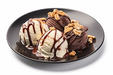 Chocolate ice cream balls with chocolate syrup and nuts on plate isolated on white background. Generative AIの素材