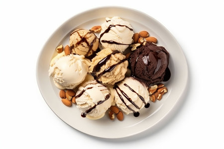Scoops of ice cream in a plate on a white background. Generative AIの素材