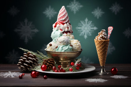 Ice cream with Christmas decoration and snowflakes on wooden table. Generative AIの素材