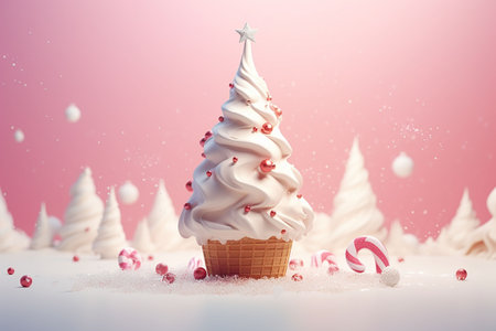 Cupcake with Christmas tree and candy canes. 3D illustration. Generative AIの素材
