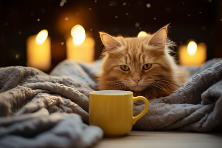 Cute ginger cat with a cup of hot drink on the bed. Autumn comfort concept. Generative AIの素材