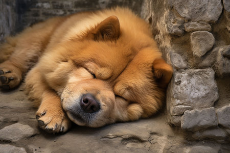 Cute chow chow dog sleeping on the stone floor. Generative AIの素材