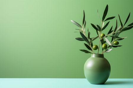 Green olives in a vase on a blue and green background.Copy space. Generative AIの素材
