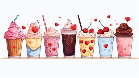 Flatr illustration of milkshakes in glasses with hearts and cherries. Generative AIの素材