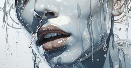 Beautiful young woman face with water splash. 3d rendering. Generative aiの素材